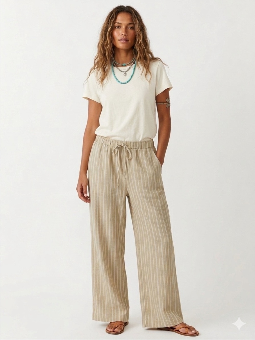 GAP Beige Striped Wide-Leg Pull On Drawstring Linen-Blend Pants